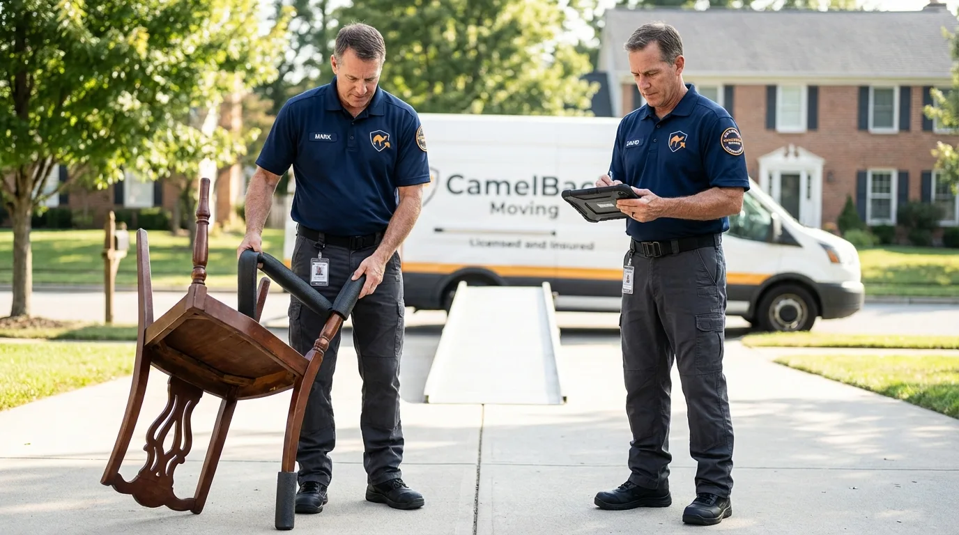 Movers inspecting furniture for damage prevention before loading in Imperial, PA